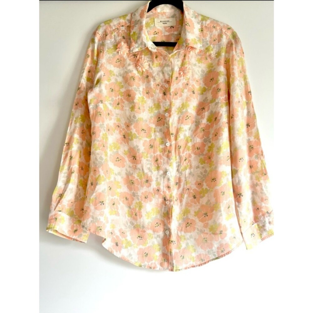 Weekend Max Mara Pastel Pink Floral Appliqué Button-Front Blouse Size US 12